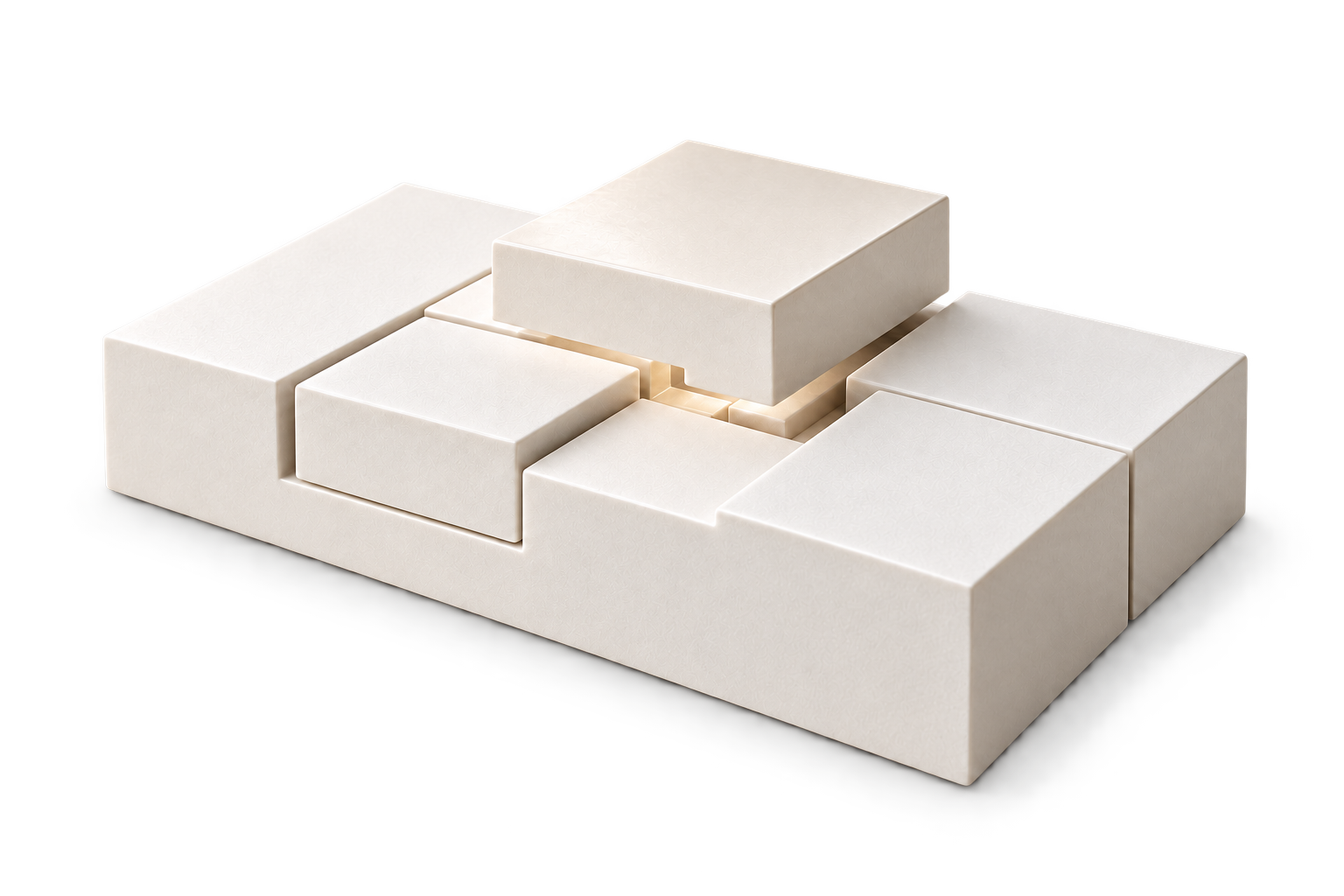 Interlocking ivory porcelain modules, with one piece lifted to reveal the matching joint beneath it.