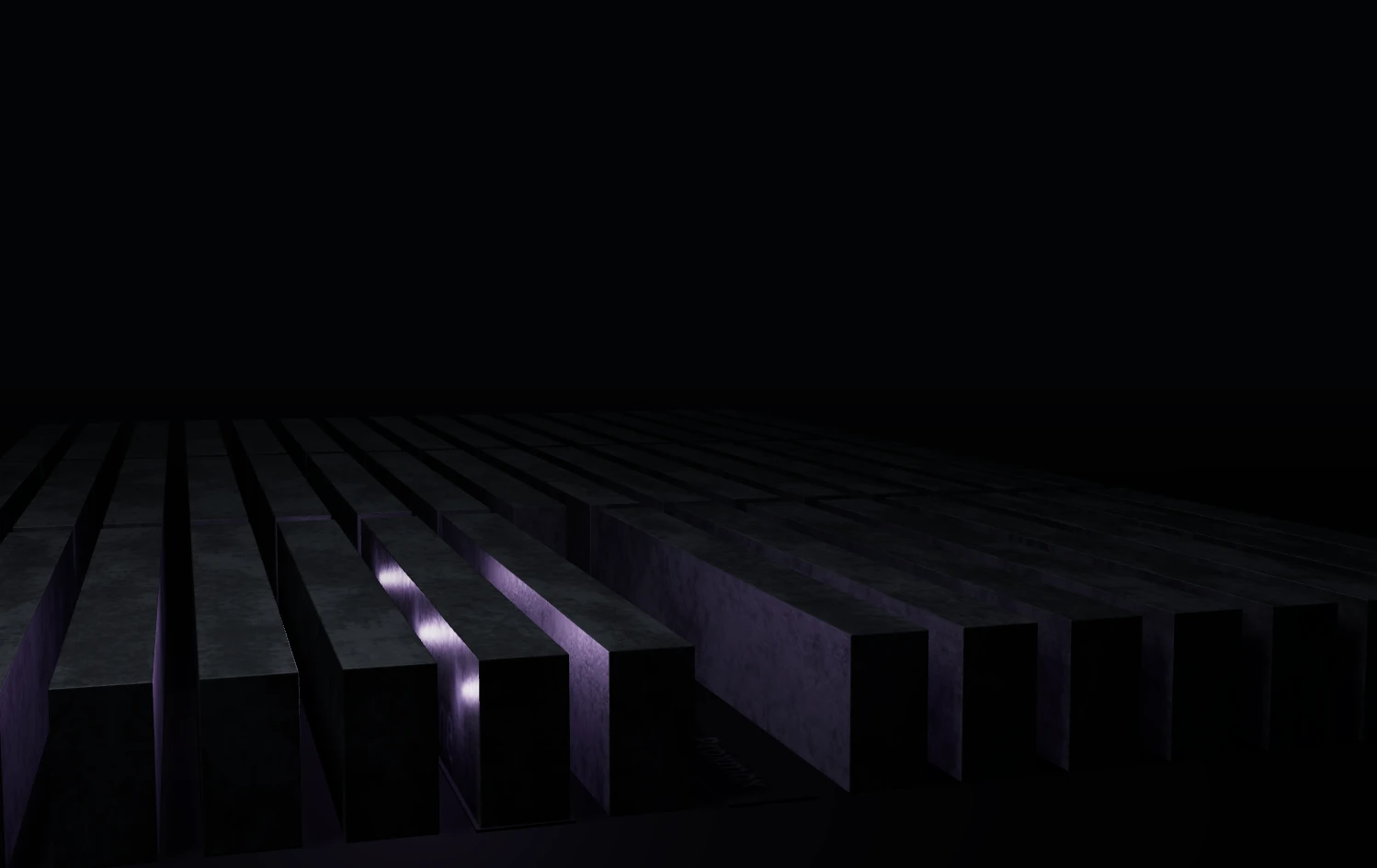 Dark architectural modules with restrained violet lighting.